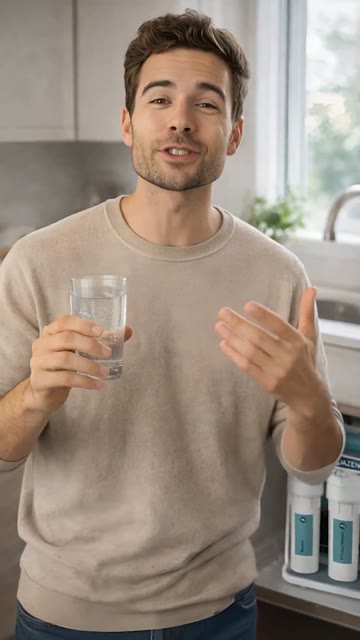Standbild: Mann in einer Küche hält ein Wasserglas und spricht in die Kamera.