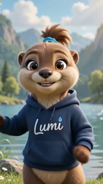 Standbild: KI-generiertes Otter-Maskottchen im Hoodie vor einem See.