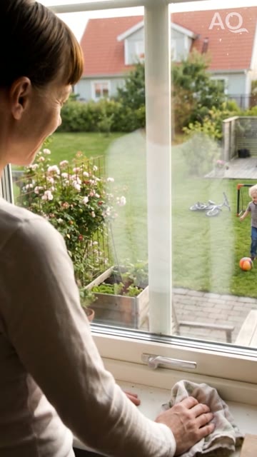 Standbild: Frau putzt ein Fenster, Blick in einen sonnigen Garten.